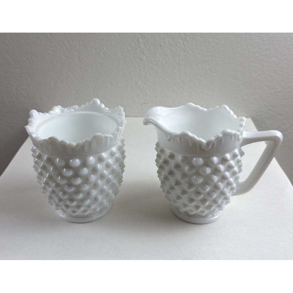 Vintage Fenton English Hobnail Milk Glass Creamer & Sugar Set White Ruffled Edge